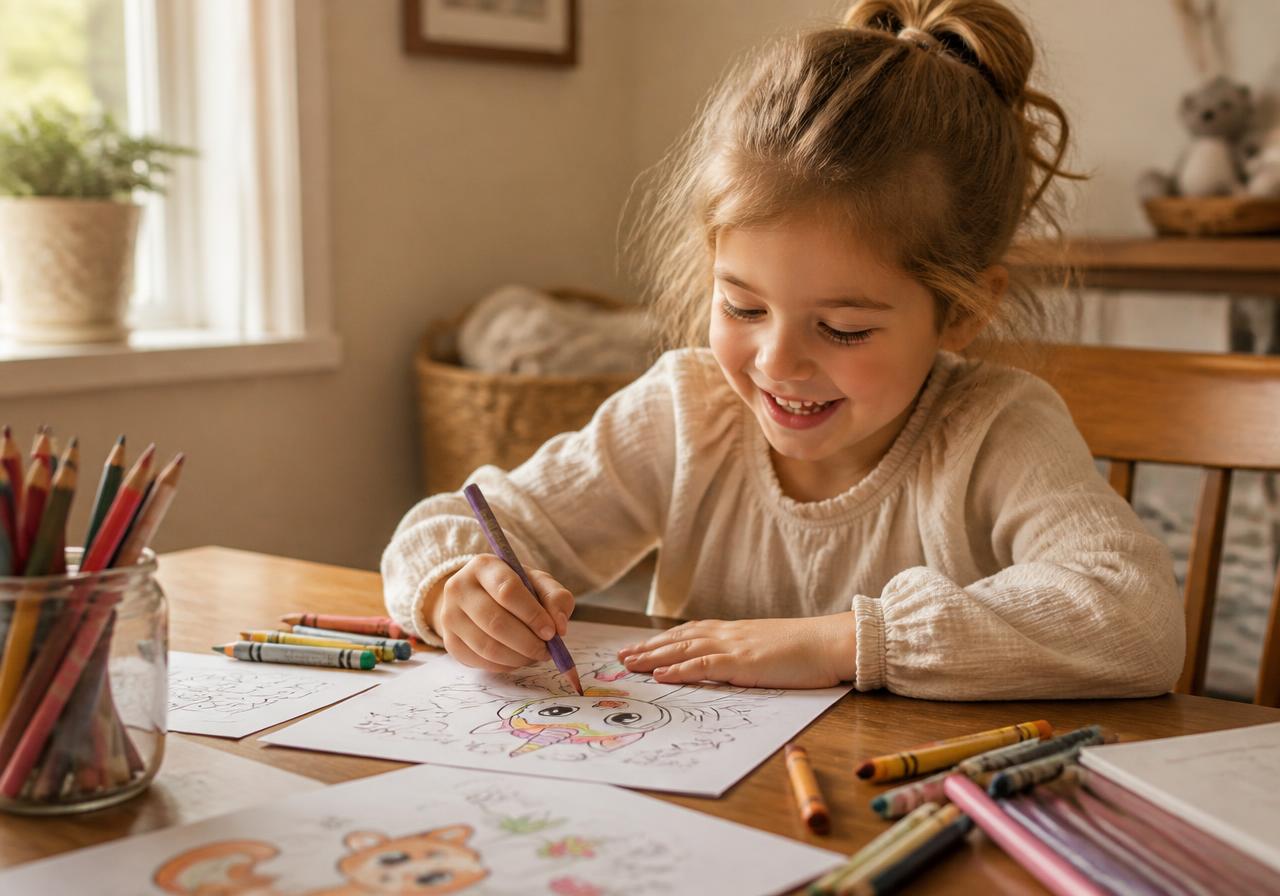 Enfant qui colorie joyeusement des pages imprimées à la maison
